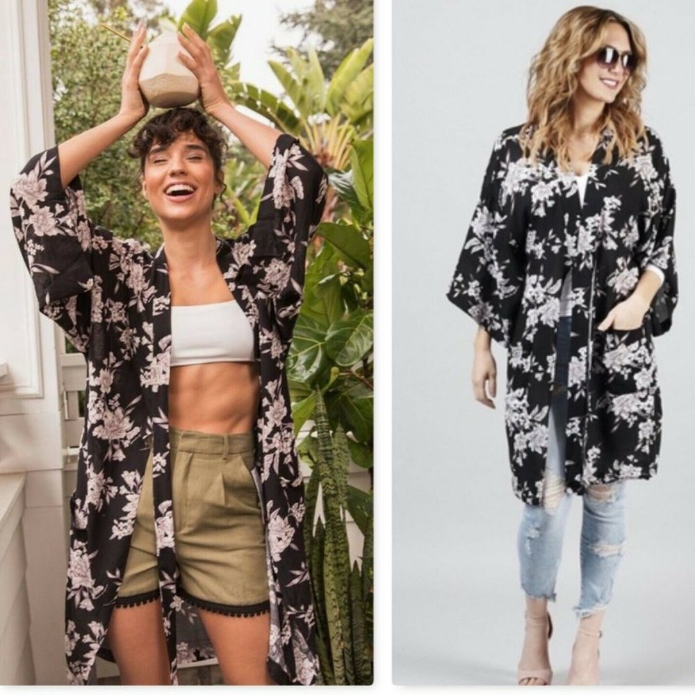 Spiritual Gangster Kimono Maya Floral Cover-up Sarong Black Tie One Size Pockets